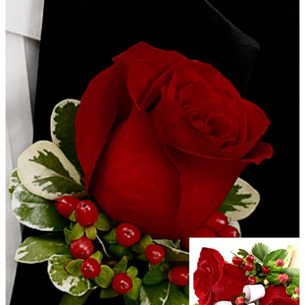 Red rose boutonniere with variegated leaves and red berries