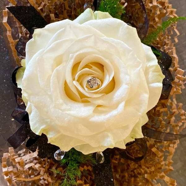 White rose with a gem center and decorative wrapping