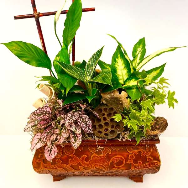 Mixed potted plants arranged in an ornate carved wooden planter