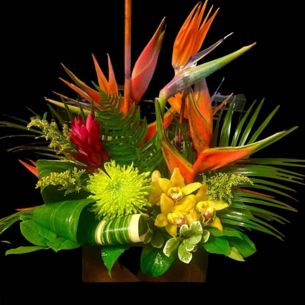Tropical arrangement with orange bird-of-paradise and yellow orchids in a container