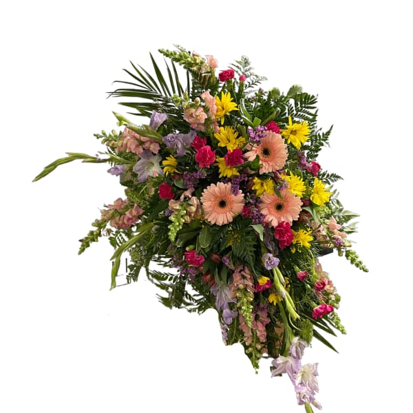 Large mixed floral spray with pink, yellow, and lavender blooms