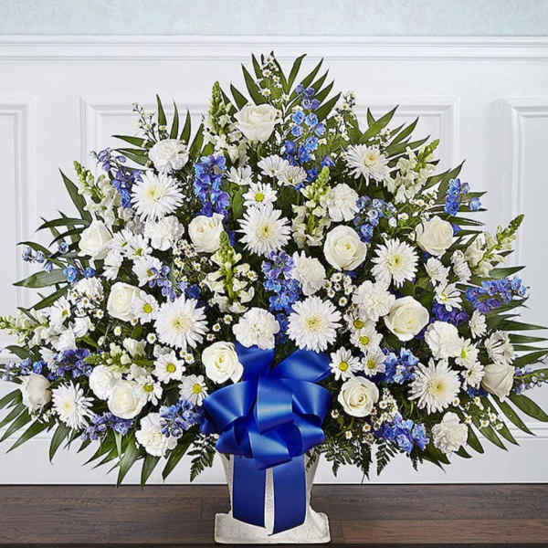 Blue and white floor basket