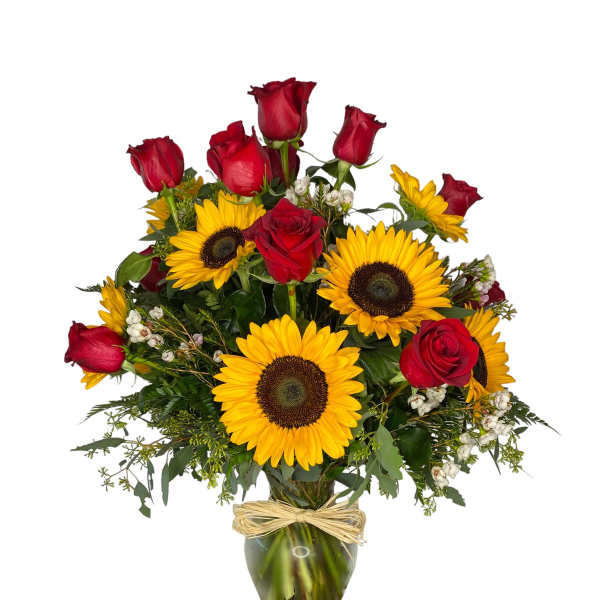 Red Roses and Sunflower Vase Bouquet