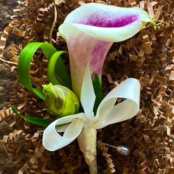 A calla lily boutonniere with white ribbon on brown filler