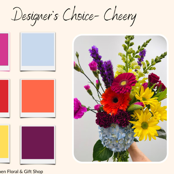 Bright mixed bouquet with gerbera daisies, hydrangea, and purple spikes