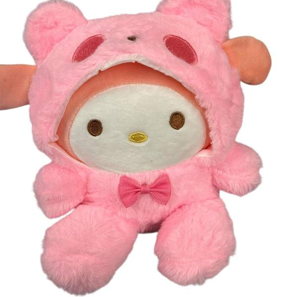 Pink plush teddy bear costume character with a bow