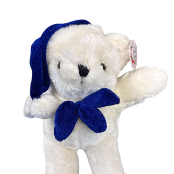 White teddy bear with a blue ribbon and floppy blue hat