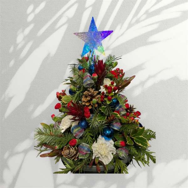 Small Christmas tree arrangement with a star topper and pinecones