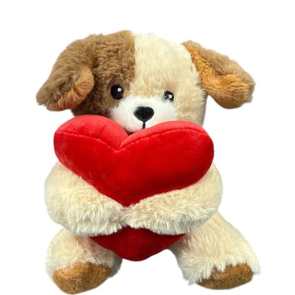 Plush puppy holding a red heart