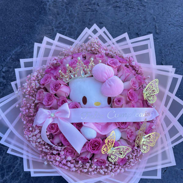 Pink rose bouquet with a Hello Kitty plush and birthday ribbon