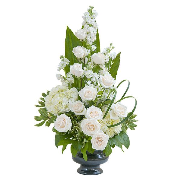Tall white rose and hydrangea arrangement in a dark pedestal vase with structured green accents