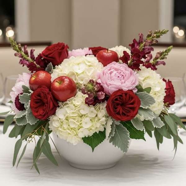Red roses and pink blooms arranged with apples in a white bowl vase