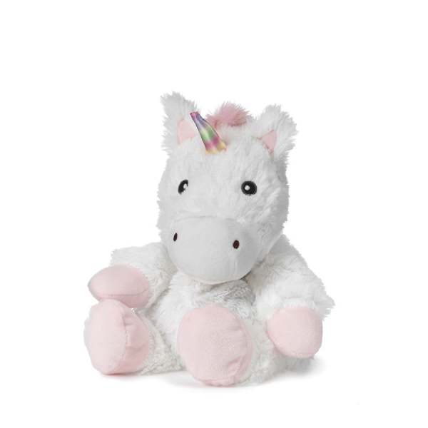 White plush unicorn with pink hooves and a rainbow horn
