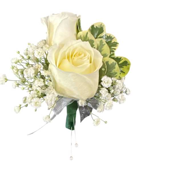Cream rose boutonniere with baby's breath and variegated leaves