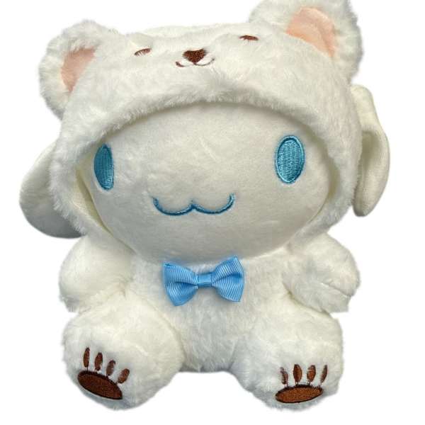 Plush white bear character with blue bow tie and hood