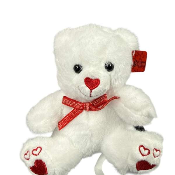 White teddy bear with red heart details and a red bow