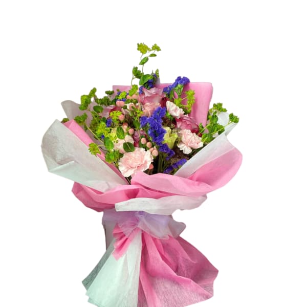 Pink and purple mixed bouquet wrapped in pastel paper