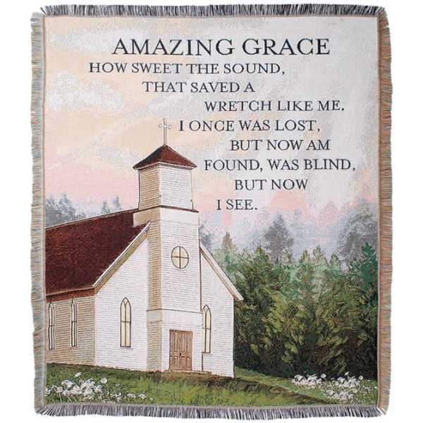 Tapestry with a church and the words "Amazing Grace"