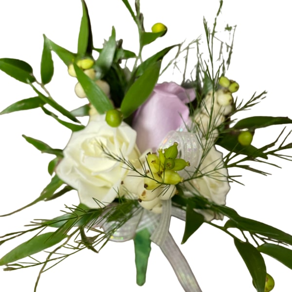 White rose bouquet with green berries and ribbon