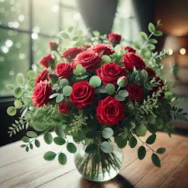 Red rose bouquet in a clear glass vase