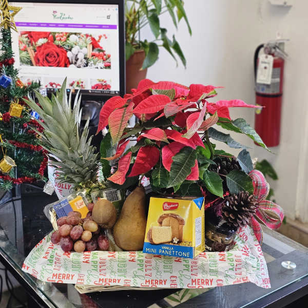 Holiday gift basket with poinsettia, pineapple, fruit, and packaged treats
