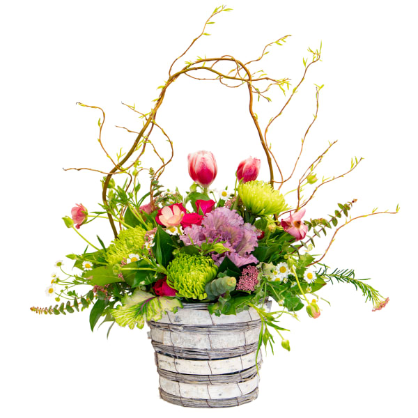Rustic white basket of pink tulips, green mums, and mixed spring flowers with tall curly branches.