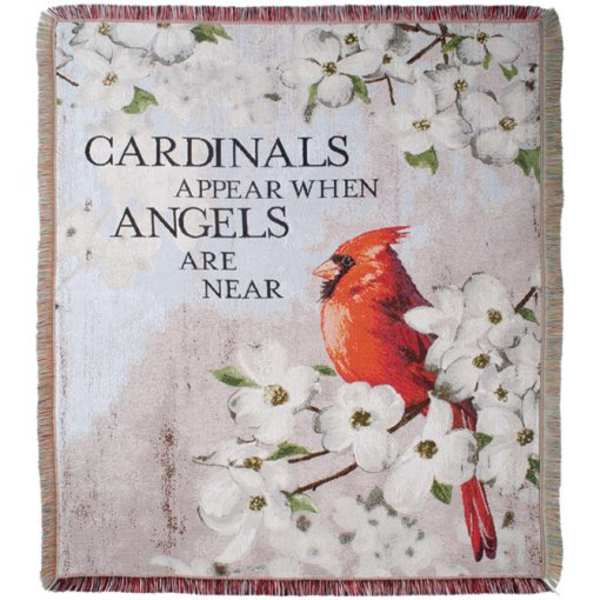 Decorative blanket with a cardinal and floral print and the words "Cardinals appear when angels are near"