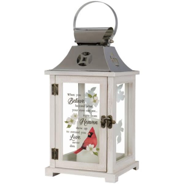 Decorative white lantern with a cardinal and memorial message