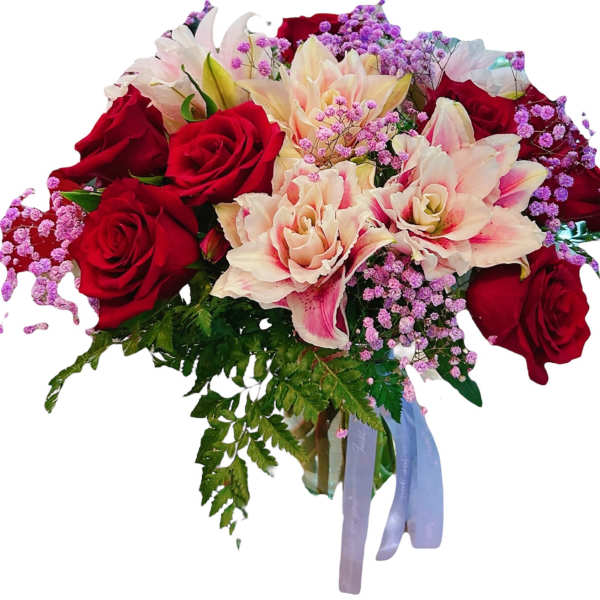 Bouquet of red roses and pale lilies with purple filler flowers