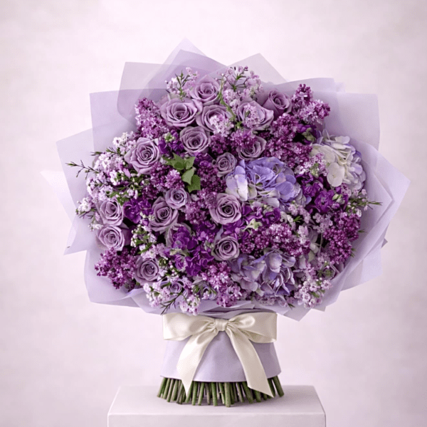 Lavender rose bouquet with purple filler flowers and a satin ribbon