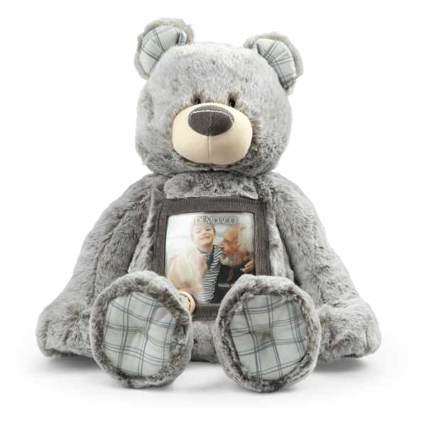 Gray plush teddy bear with a photo pocket on its chest