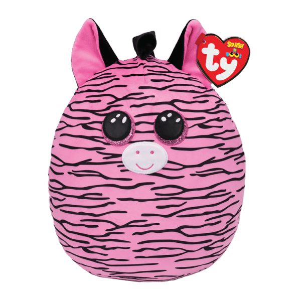 Pink zebra-striped Ty Beanie Boo plush toy with a heart tag
