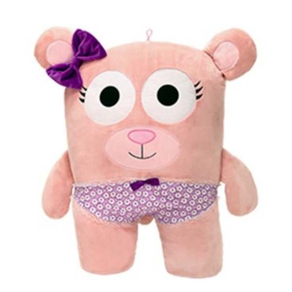 Pink teddy bear plush with a purple bow and patterned underwear