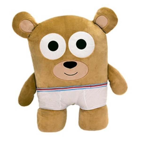 Plush teddy bear wearing white shorts