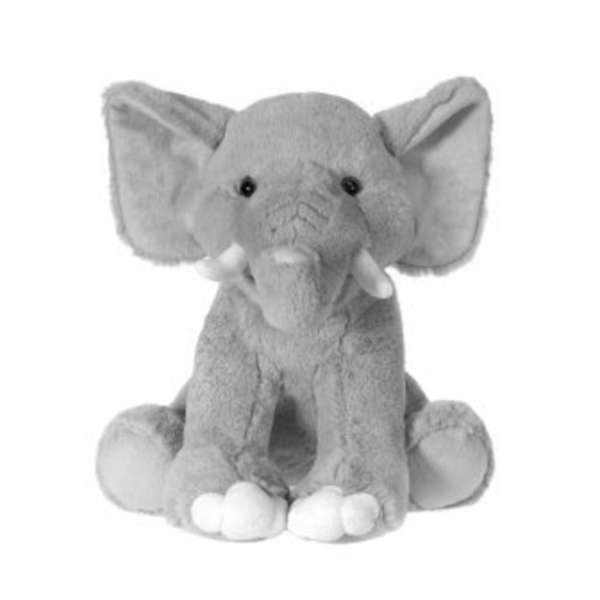 Gray plush elephant toy sitting upright on a white background