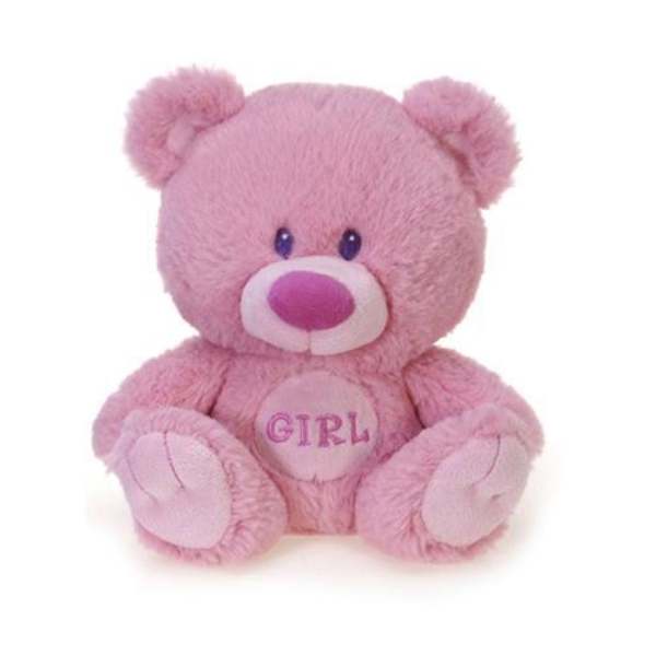 Pink teddy bear with "GIRL" embroidered on its chest