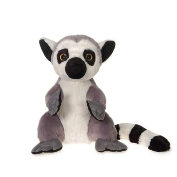 Plush lemur stuffed animal sitting on a white background