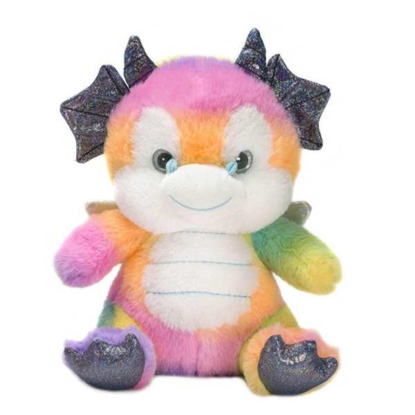 Rainbow plush dragon with glittery wings and feet
