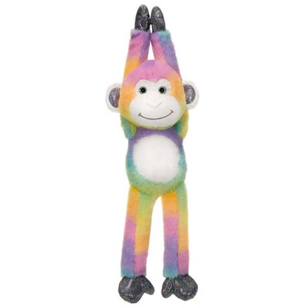 Rainbow plush monkey toy with long hanging limbs