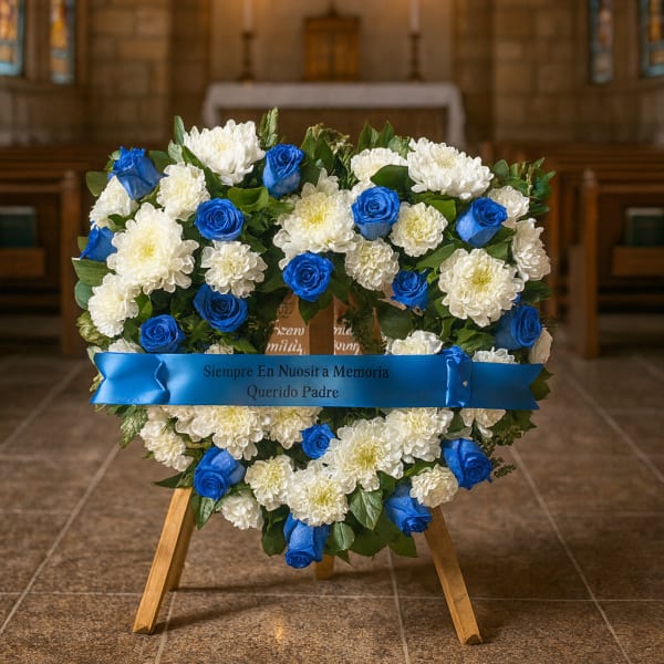 Blue and white floral funeral wreath on a stand in a church