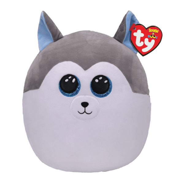 Round gray-and-white husky plush toy with large blue eyes