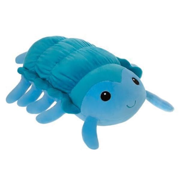 Blue plush toy shaped like a smiling bug