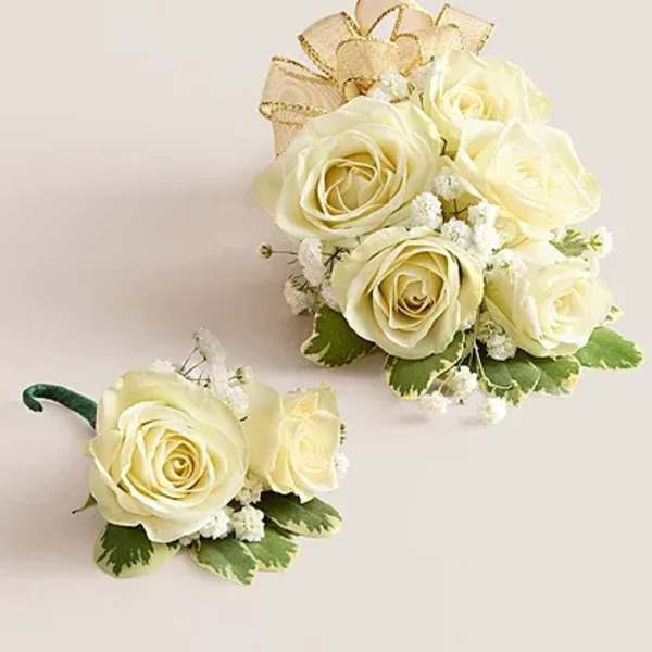 White Spray Rose Corsage and Buttoner Combo