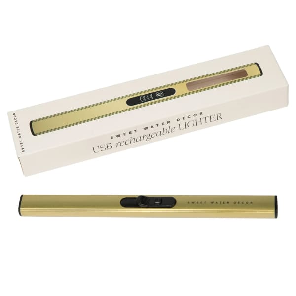 Boxed USB rechargeable lighter with a gold lighter shown below