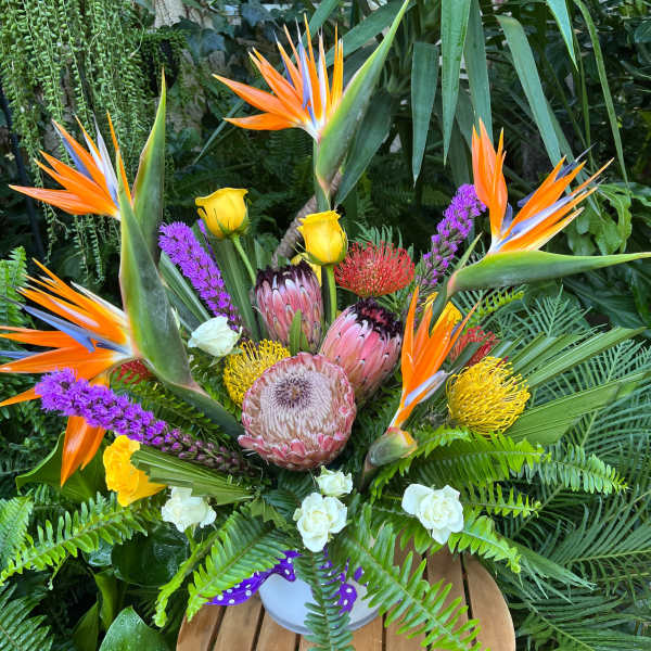 Tropical bouquet with bird of paradise, protea, and roses in a vase