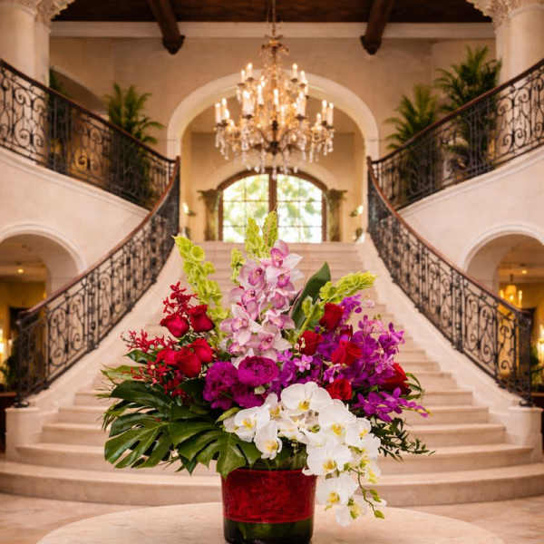 Large mixed orchid arrangement in a red vase on a round table
