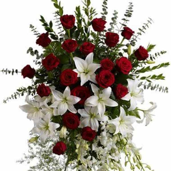 Standing floral spray with red roses and white lilies
