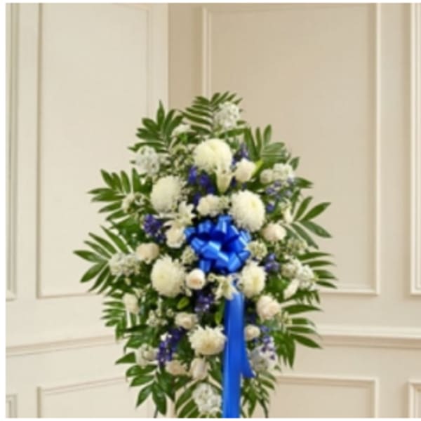 Deepest Sympathies Blue & White Standing Spray