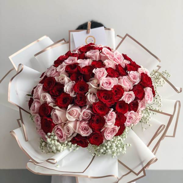 Large bouquet of red and pink roses wrapped in white paper