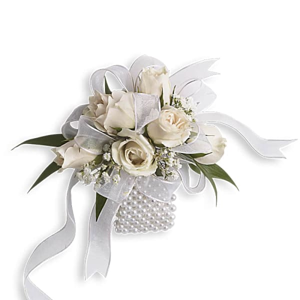 White rose corsage with ribbon and pearl accents